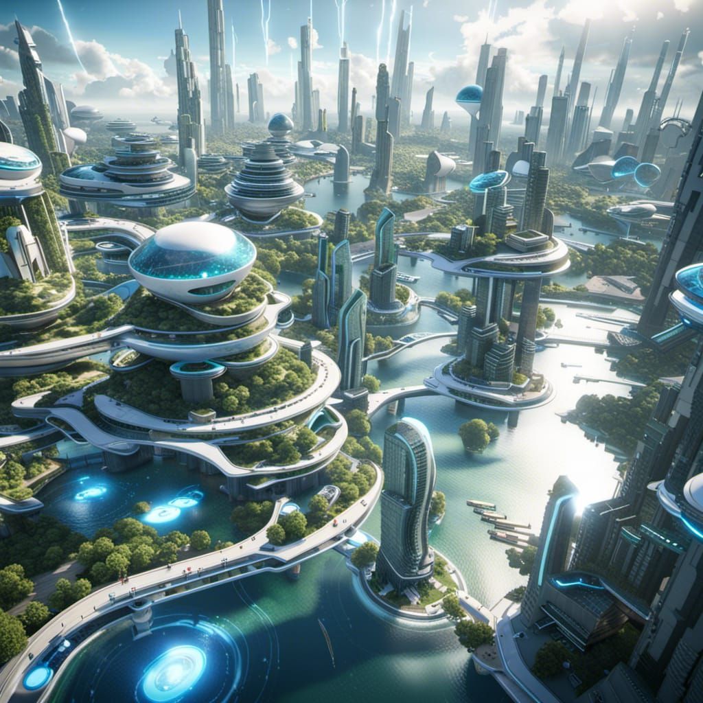 Futuristic Floating City Integrating with Nature in 3D