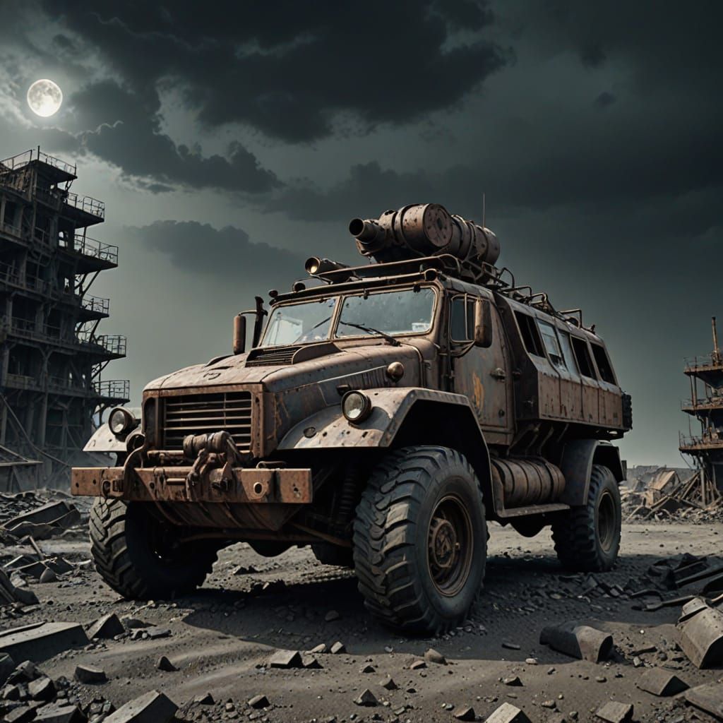 Armoured Car Charges Through Post-Apocalyptic Ruins Under Gr...