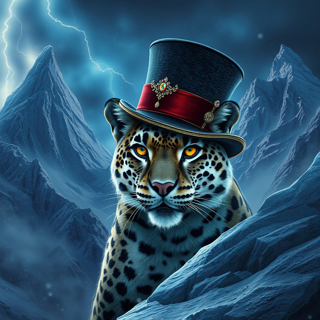 Snow Leopard in Jeweled Top Hat Under Stormy Skies