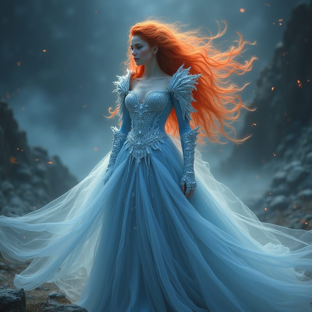 Regal Frost Goddess in Dreamlike Landscape
