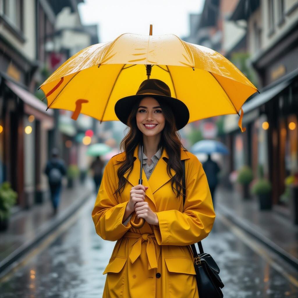 Person with Yellow Umbrella in Rainy Impressionist Street