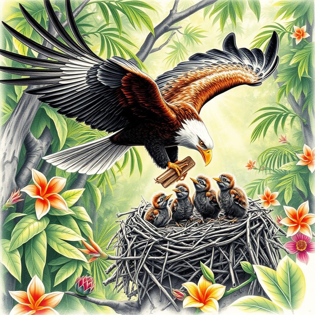 Majestic Eagle Feeds Chicks in Tropical Jungle