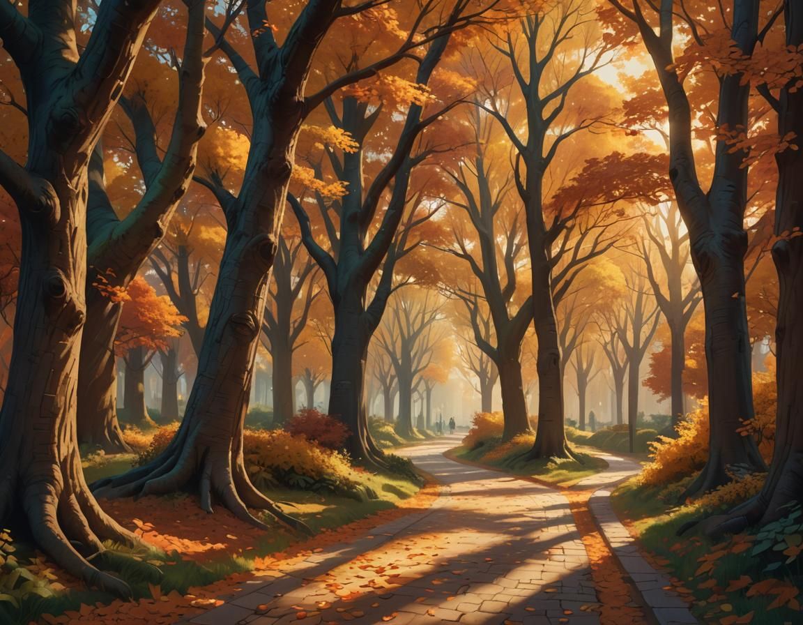 Vibrant Autumnal Tree-Lined Path in Hyperrealism