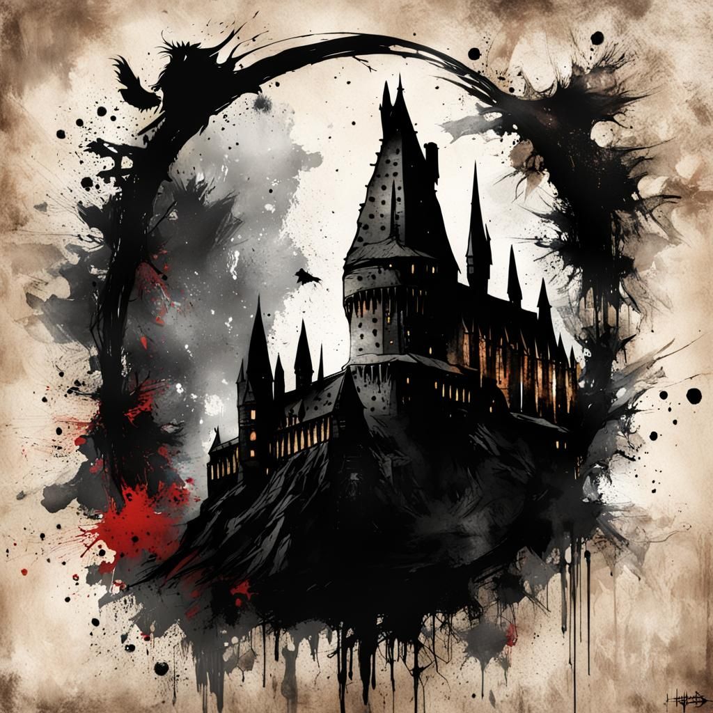 Sinister Dark Fantasy Hogwarts in Ink Splatter Style