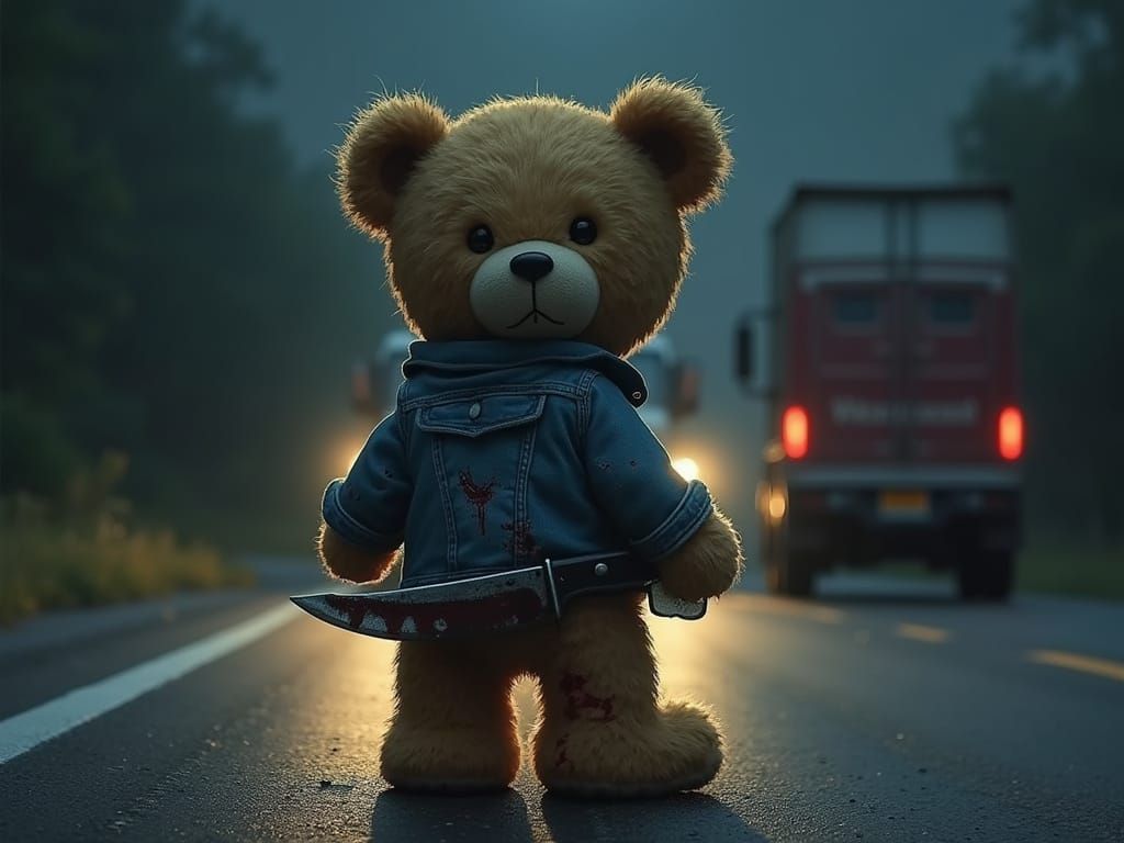 Sinister Teddy Bear Hitchhiker with Knife