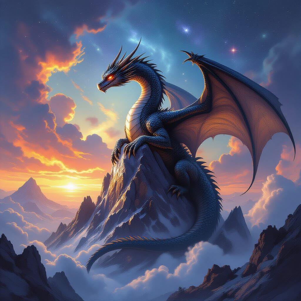 Obsidian Dragon on Crystal Mountain in Cosmic Nebula