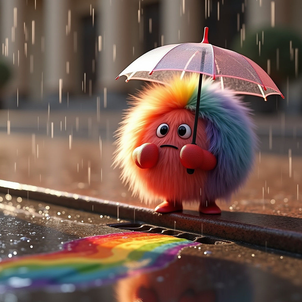 Faded Rainbow on Rainy Street: Surreal Photorealistic Scene