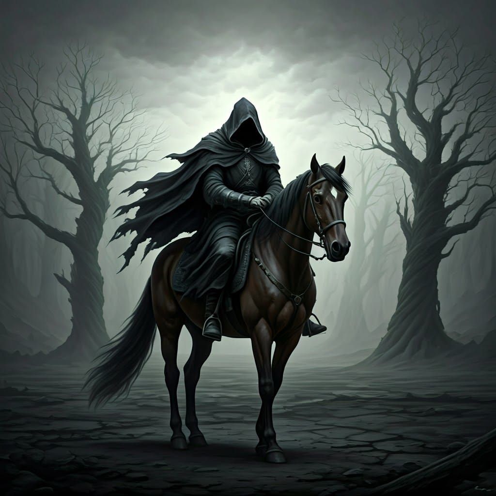Ominous Rider in Mist-Shrouded Landscape