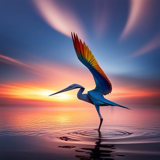 Rainbow Origami Heron: Intricate Paper Art Photography