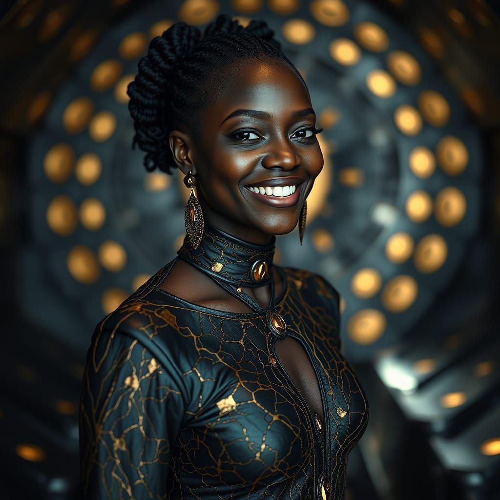 Gothic Obsidian Woman in Hexagonal Room