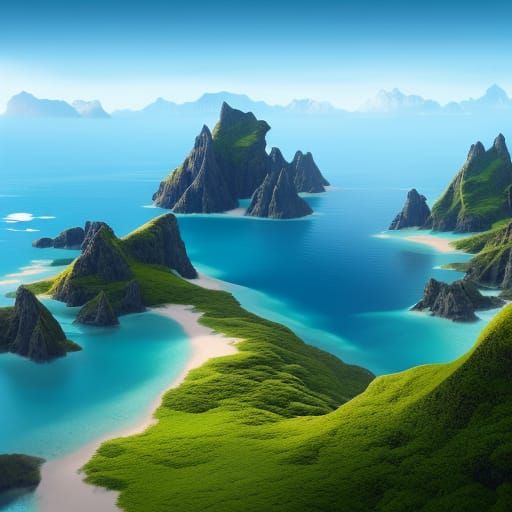 Tropical Island Paradise with Mountain, Hyperrealistic Art