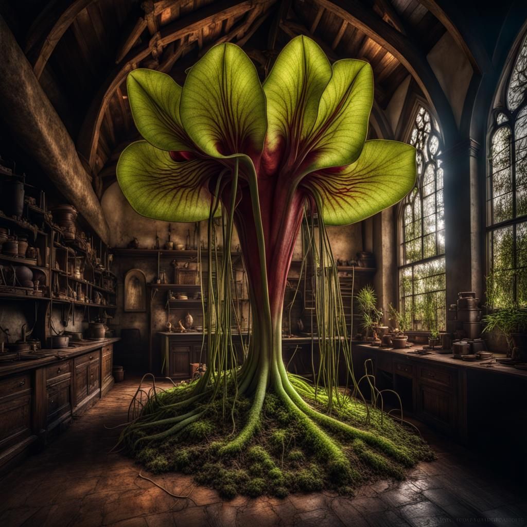 Giant Carnivorous Plant in Medieval Laboratory: Hyperrealist...
