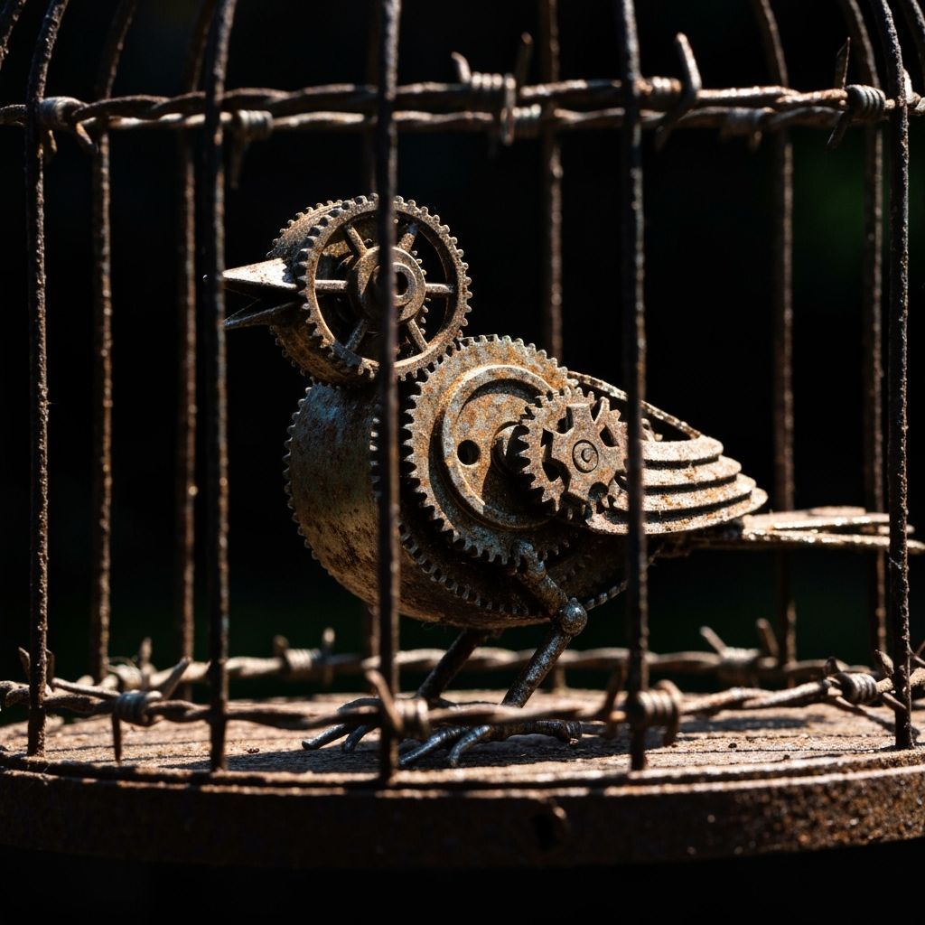 Rusty Mechanical Bird in Cage, Photorealistic Style