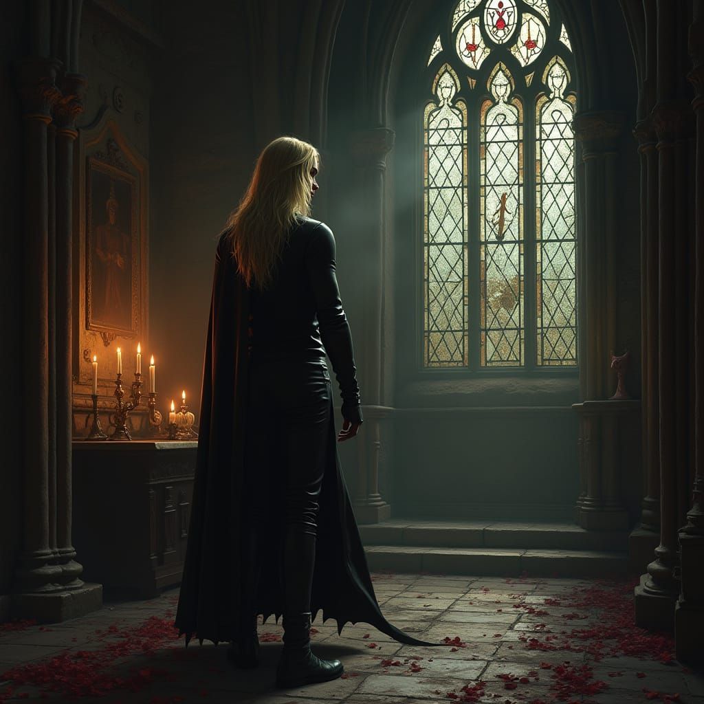 Gothic Vampire in Cathedral with Gleaming Eyes