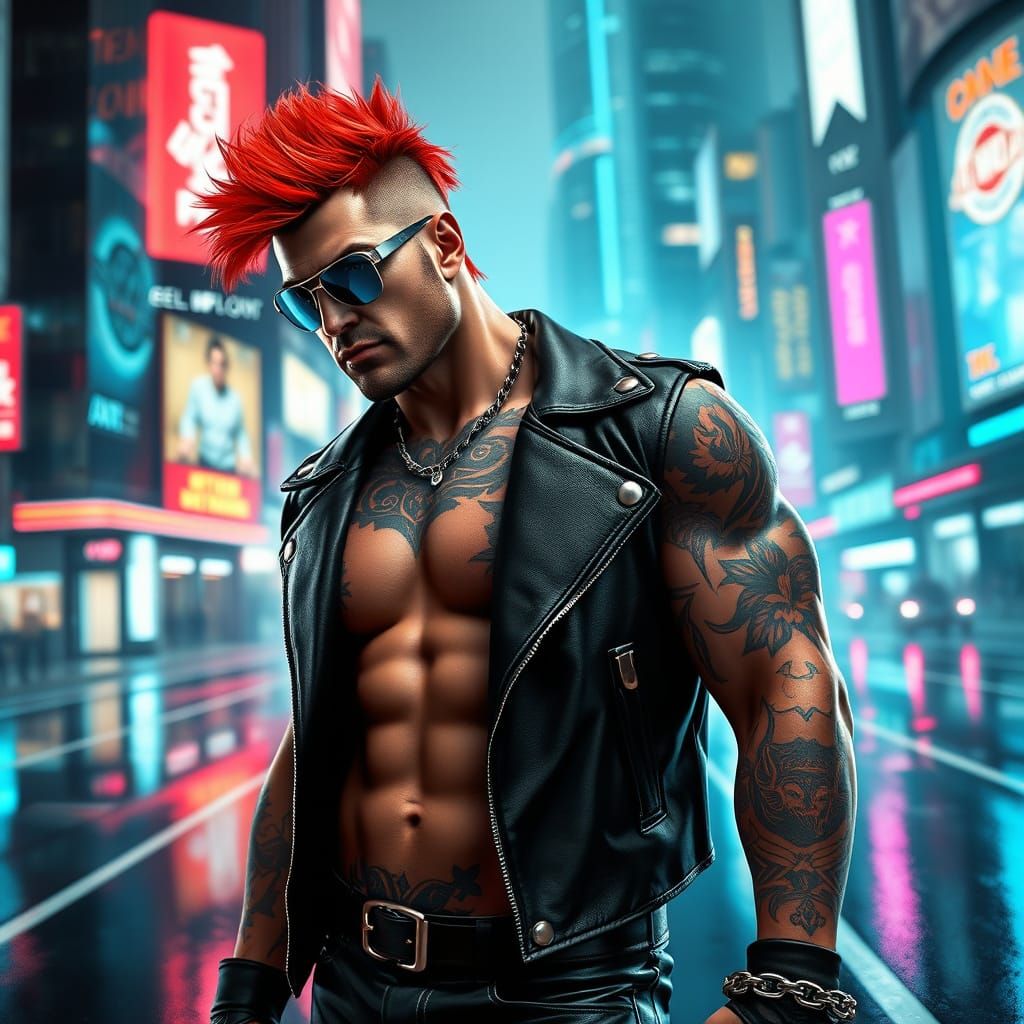 Rugged Wrestler in Futuristic Cityscape, Cyberpunk Style