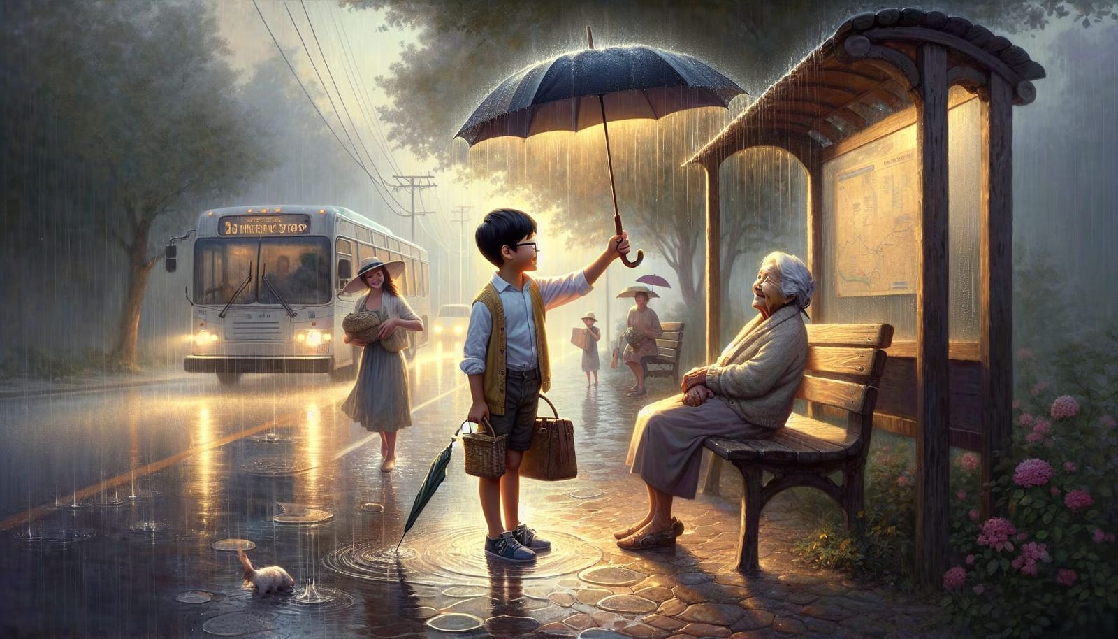 Elegant Oil Painting of Child Shielding Woman at Bus Stop