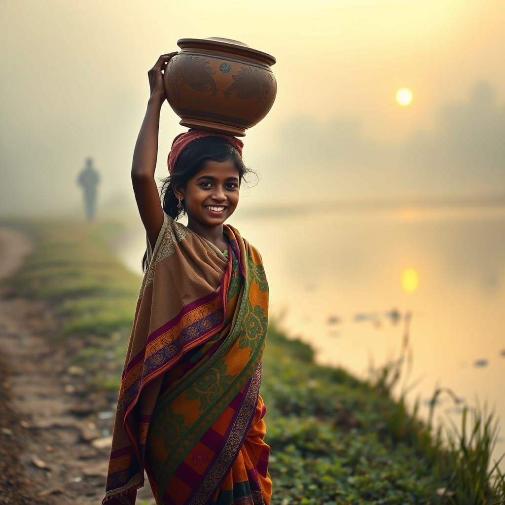 Surreal, Foggy Morning Scene with Bangladeshi Girl in Tradit...