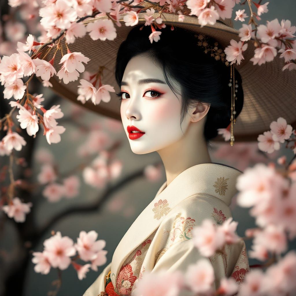 Elegant Japanese Lady in Kimono with Cherry Blossoms