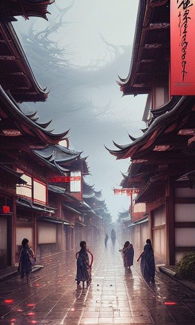 Hyperrealistic Feudal Japanese City Street Scene