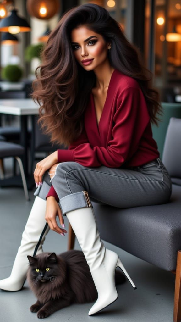 Beautiful Woman in Red Blouse with Black Cat