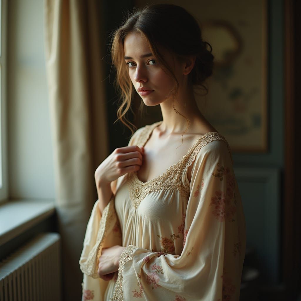 Woman in Kimono in Sunlit Room, Classical Painting Style