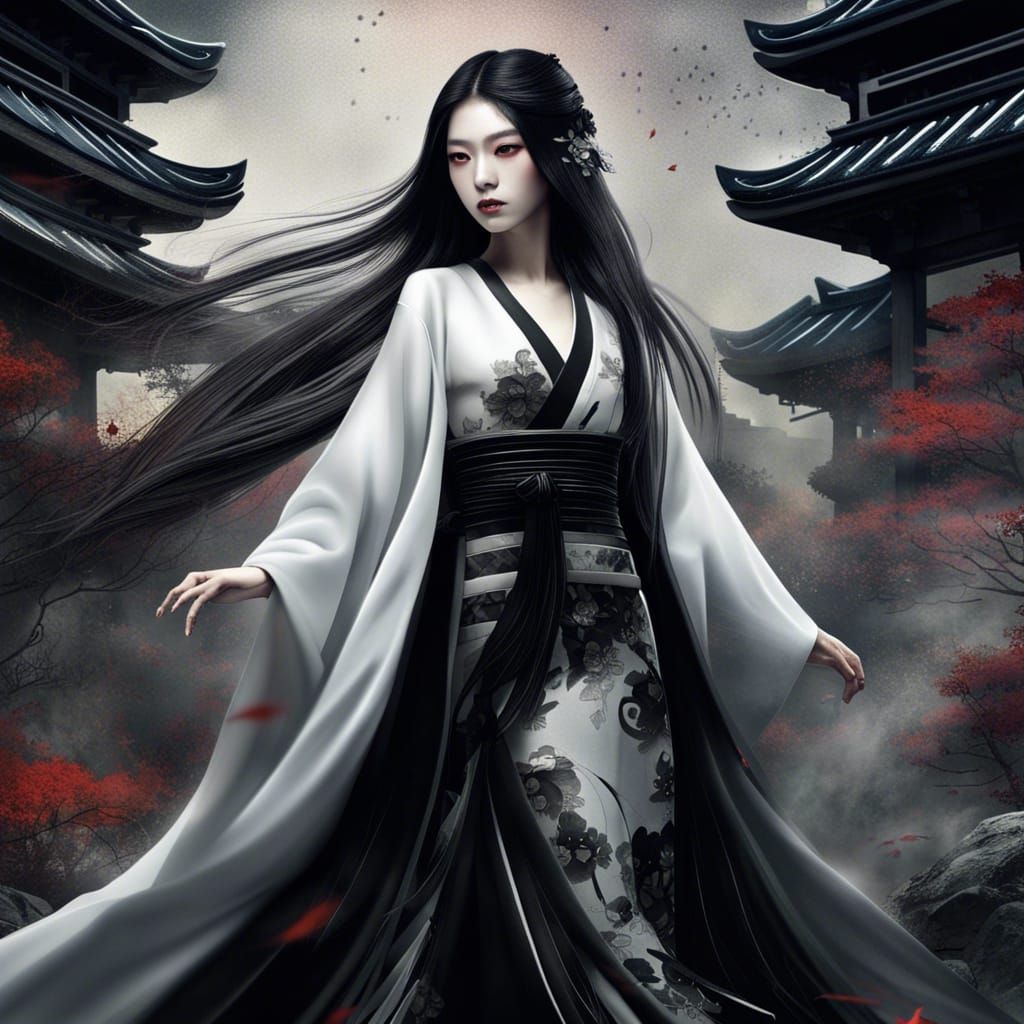 Elegant Japanese Woman in Black Gown, Detailed Digital Art