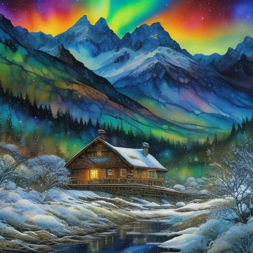 Northern Lights Over Snowy Mountains and Cedar House