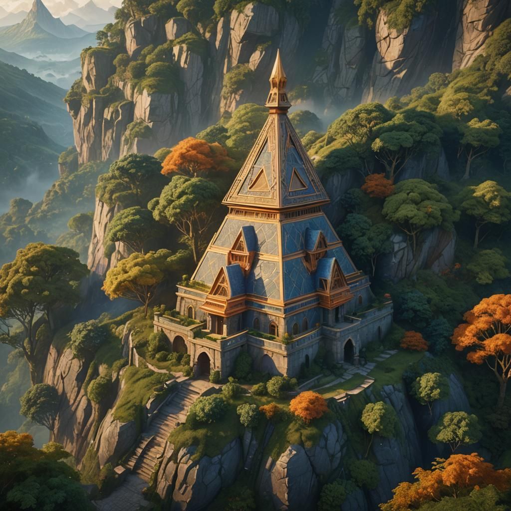 Fantasy Tetrahedron Building in Lush Forest