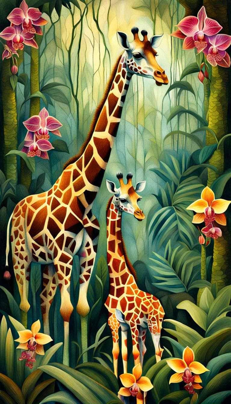 Giraffe Mother and Baby in Jungle, Watercolor Illustration