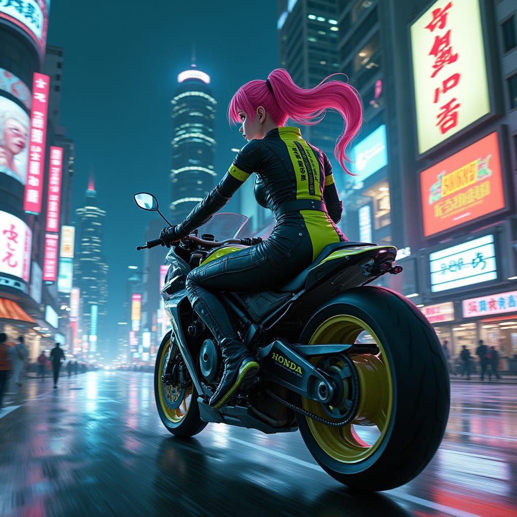 Neon Cyberpunk Girl Rides Futuristic Honda Motorcycle at Nig...