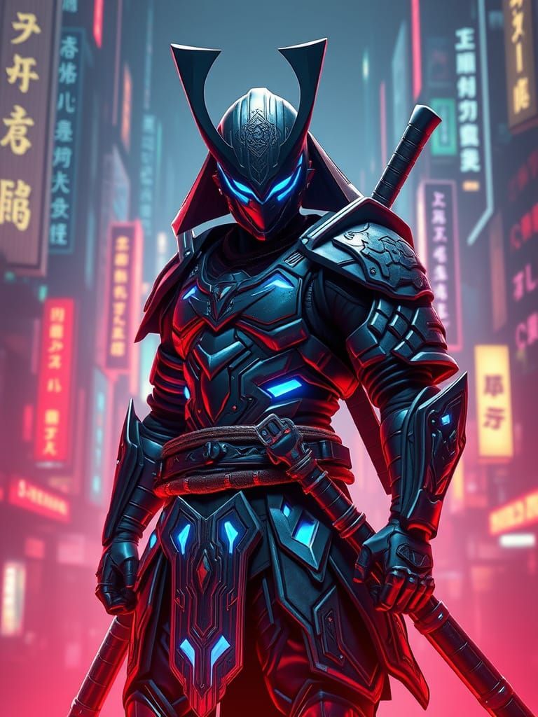 Cyberpunk Samurai in Neon-Lit Cityscape
