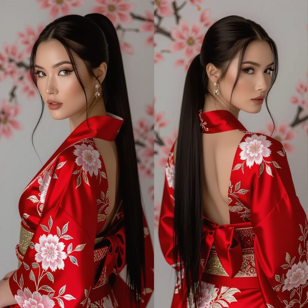 Stunning Woman in Red Kimono: Dual Portraits