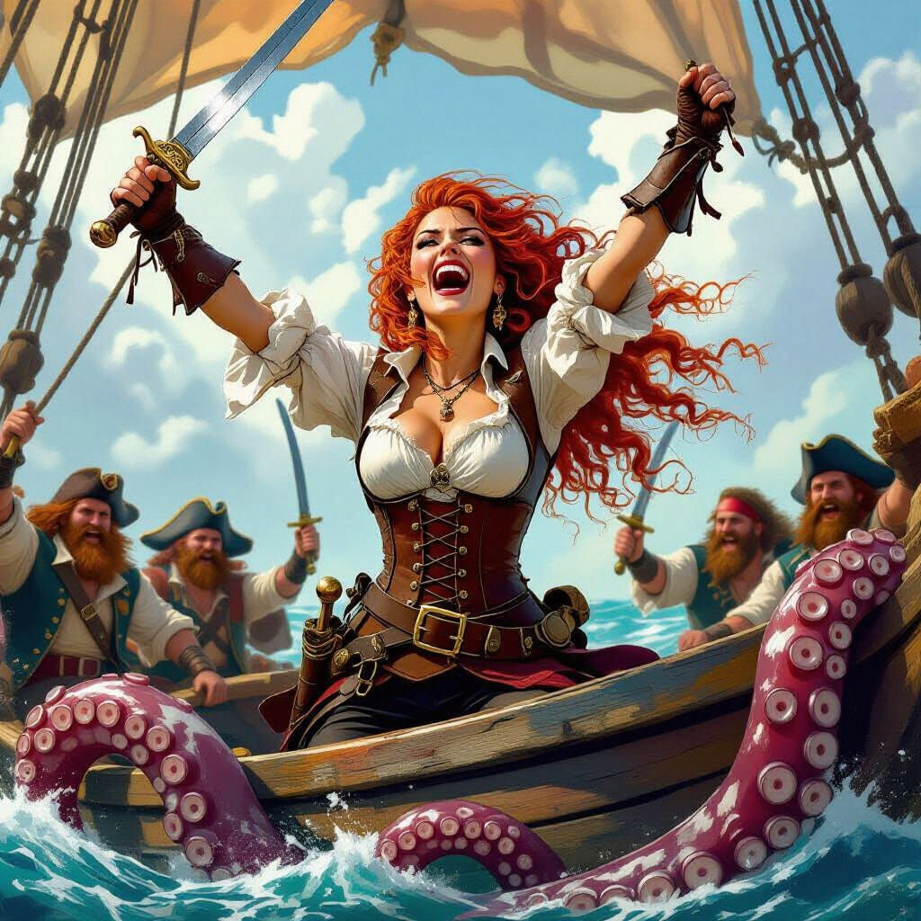 Pirate Captain's Victory with Kraken