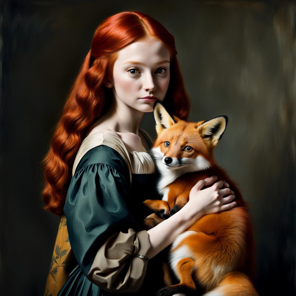 Girl with Fox, Vermeer-Inspired Portrait