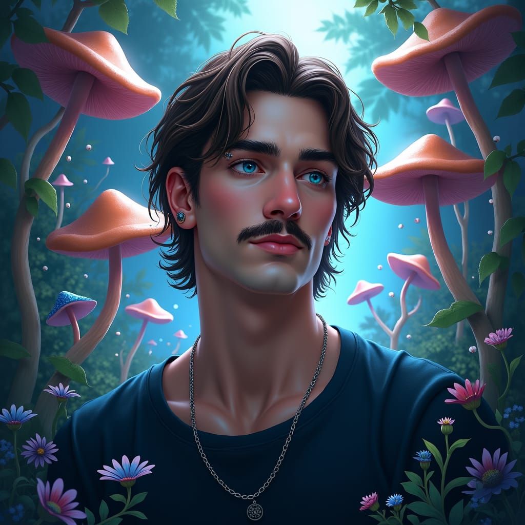 Handsome Man with Mushrooms in Matte Painting Style