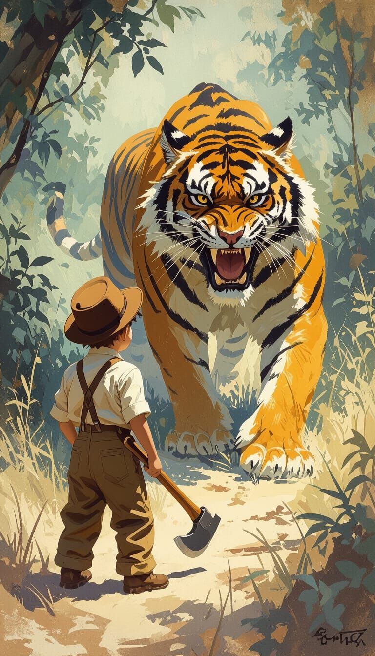 Boy Confronts Tiger in a Fantasy Landscape