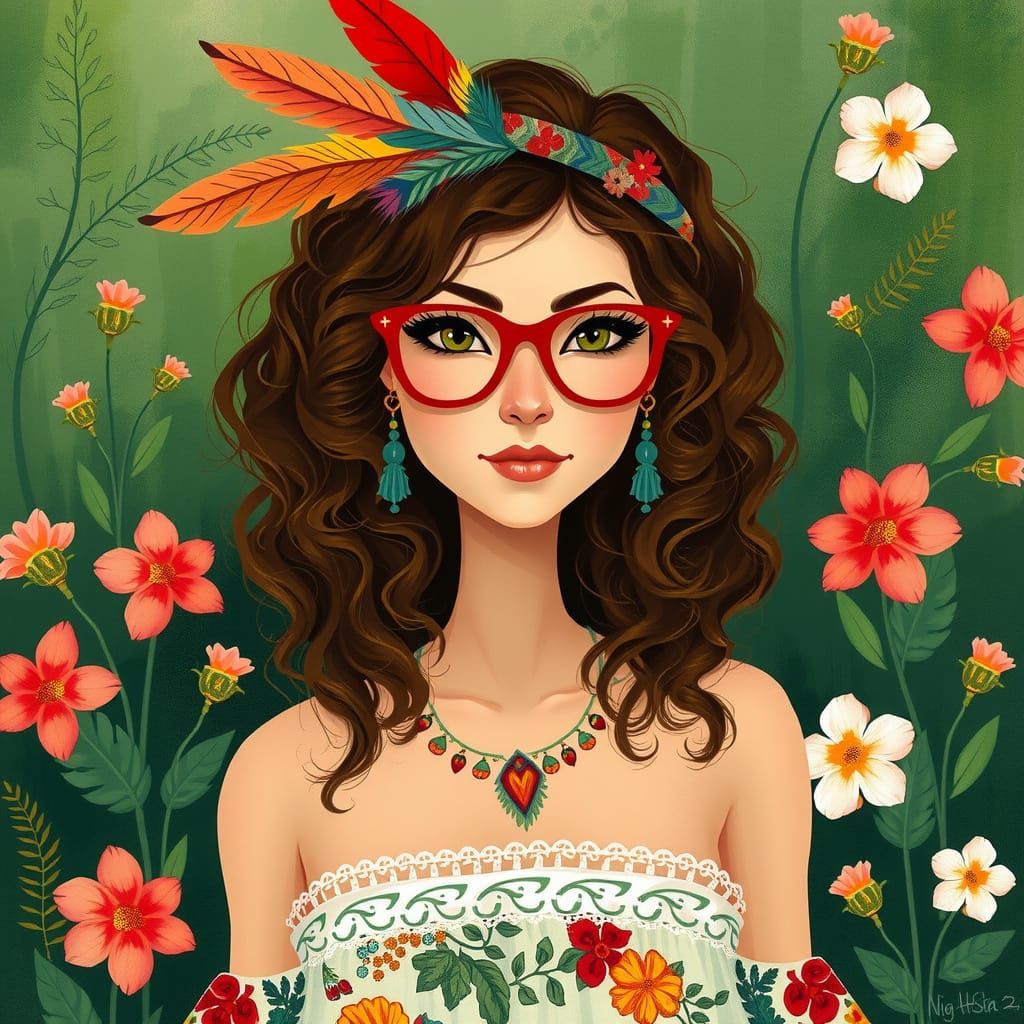 Whimsical Bohemian Woman in Flowy Floral Dress with Little R...