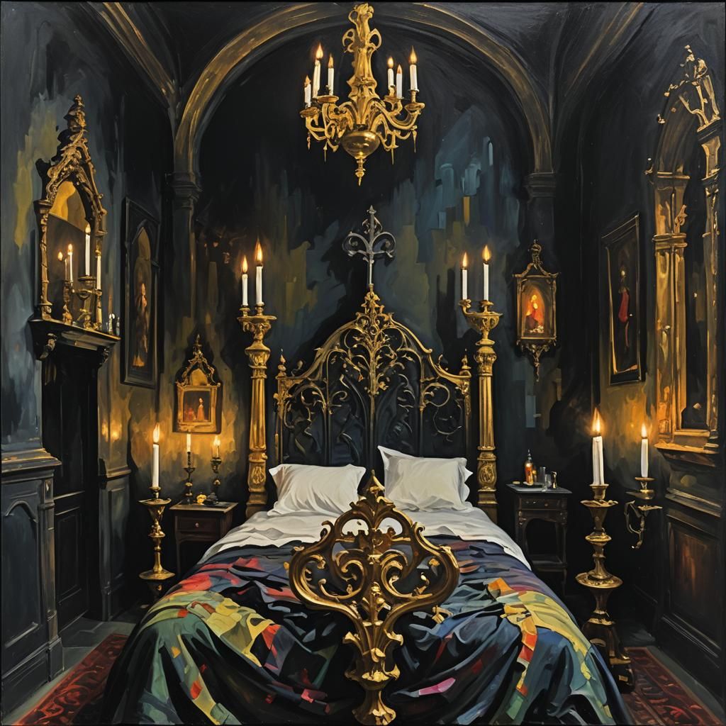 cama de matrimonio en un castillo gótico con las paredes neg...