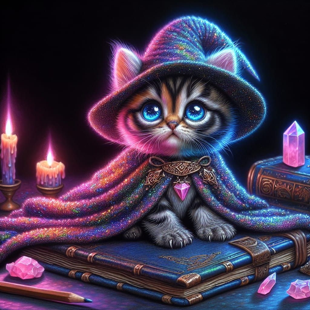 Chibi Kitten Wizard in Charcoal Drawing
