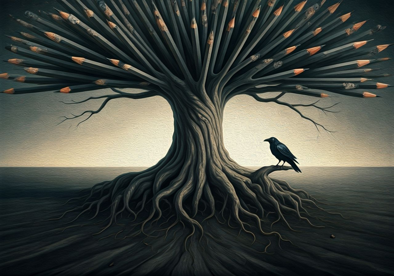 Surreal Tree of Graphite Pencils and Ink Vortex