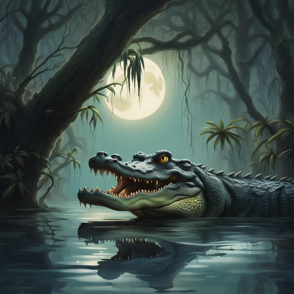 Alligator in Misty Mangrove Swamp: Hyperrealistic Splash Art