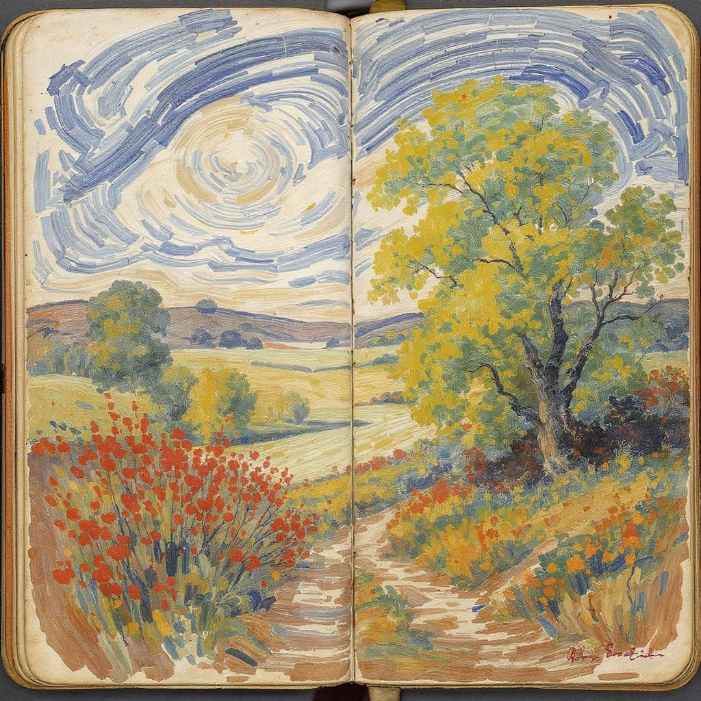 Vintage Sketchbook with Watercolor Landscapes in Impressioni...