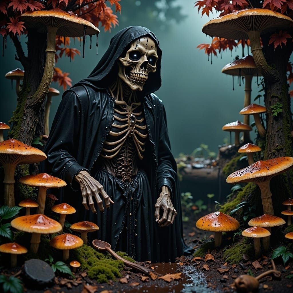 Grim Reaper in Magical Mushroom Forest