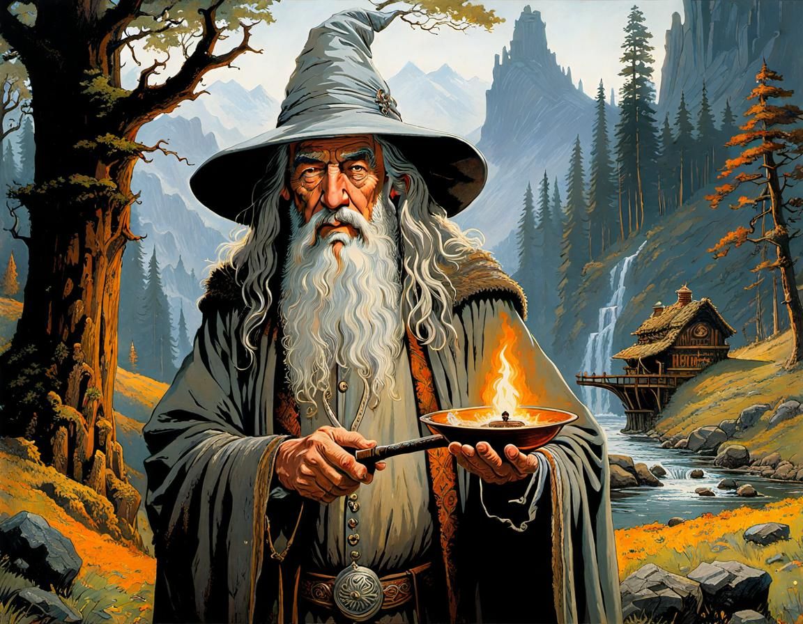 Gandalf the Grey in Illustrative Fantasy Art Style