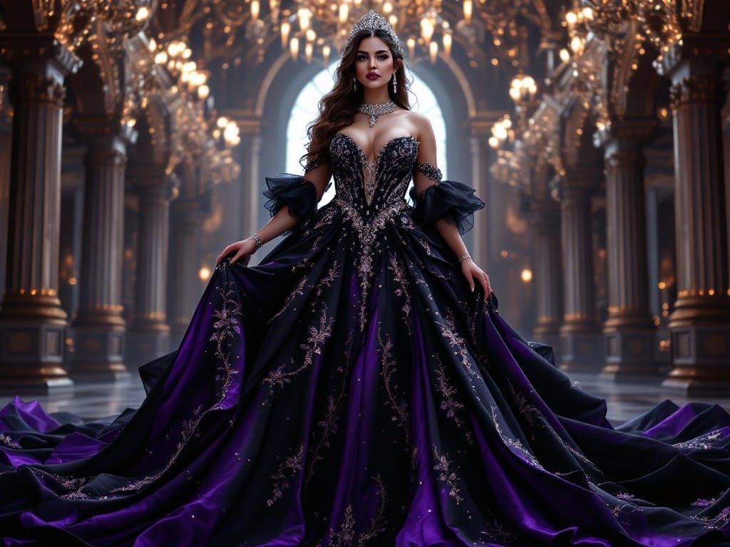 Regal Baroque Bride in Lavish Black and Purple Wedding Gown