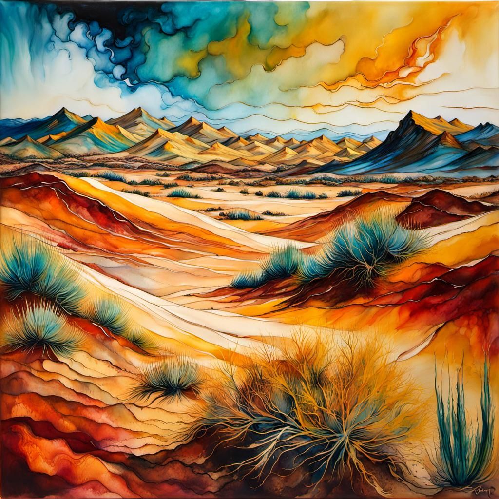 Encaustic Desert Dunes in Van Gogh Style