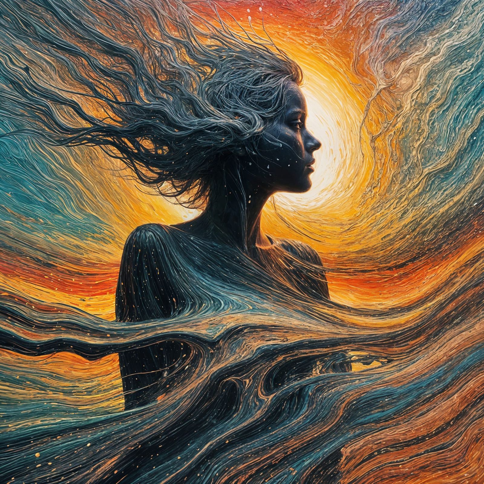 Abstract Sunrise Explosion Behind a Woman Silhouette