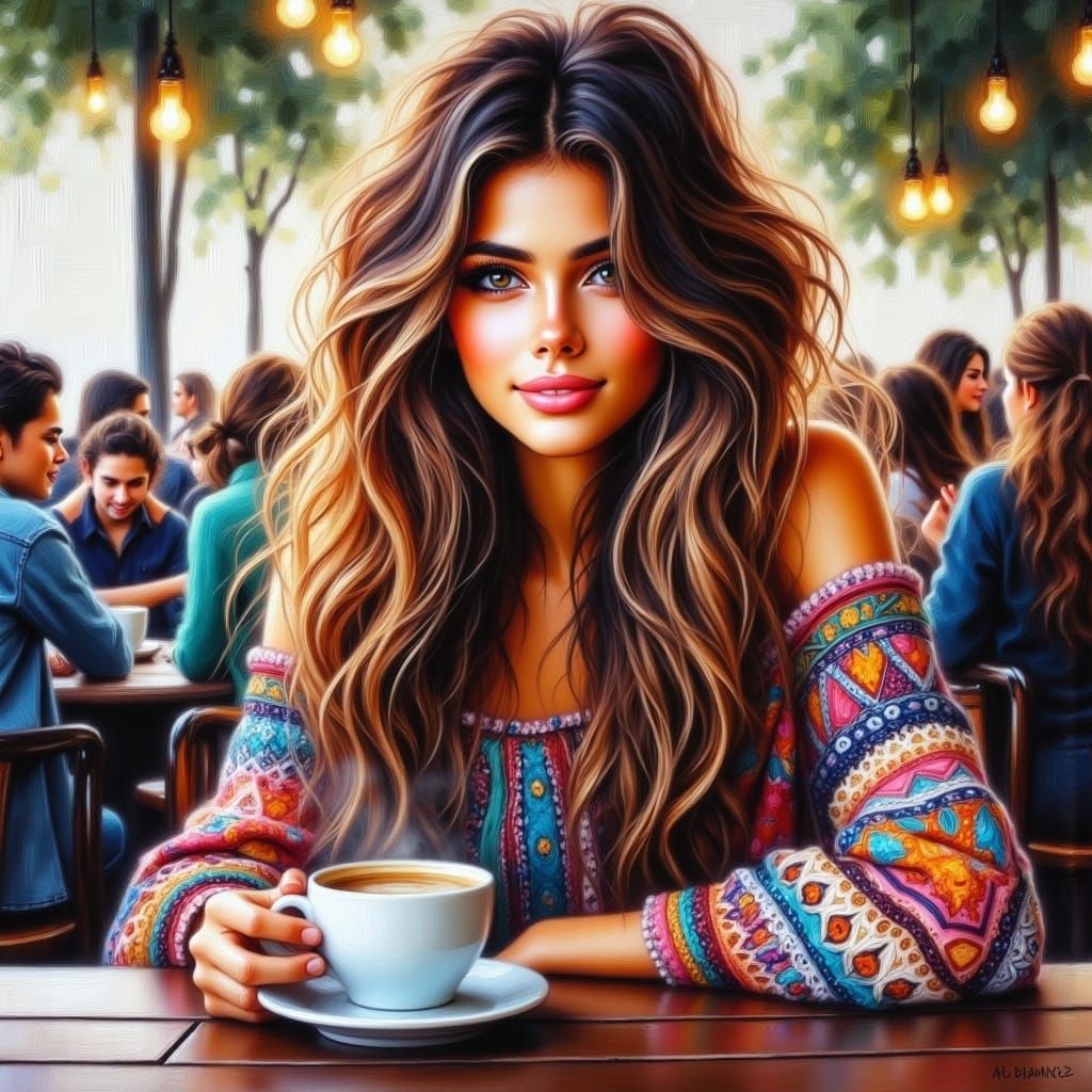 Young Woman in Colorful Top, Coffee Cup, and Crowded Coffee...