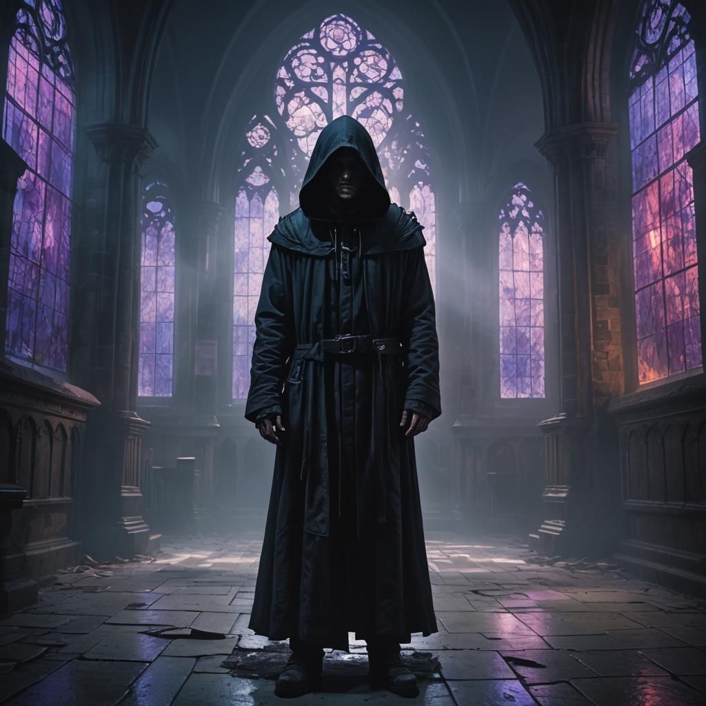 Hooded Figure in Ruined Cathedral: Greg Rutkowski Style
