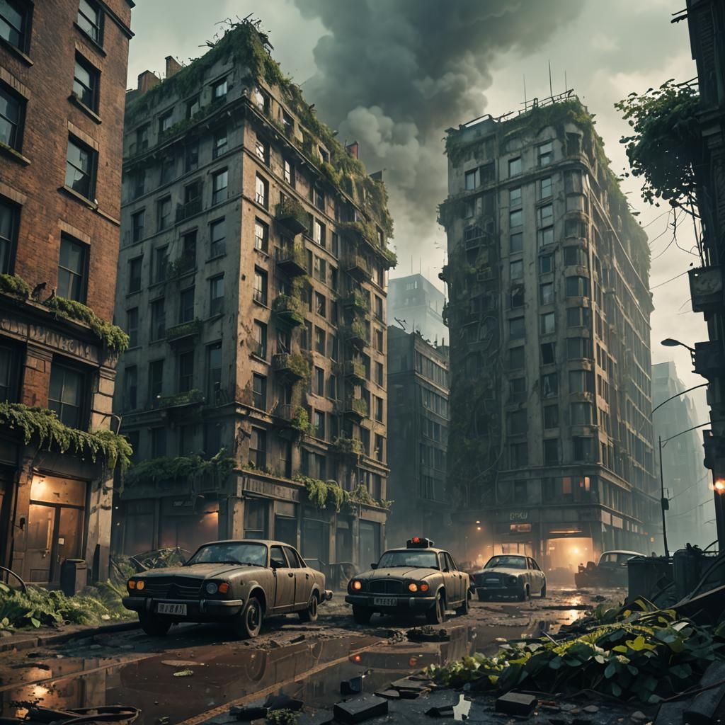 Post-Apocalyptic London Cityscape: Overgrown and Desolate